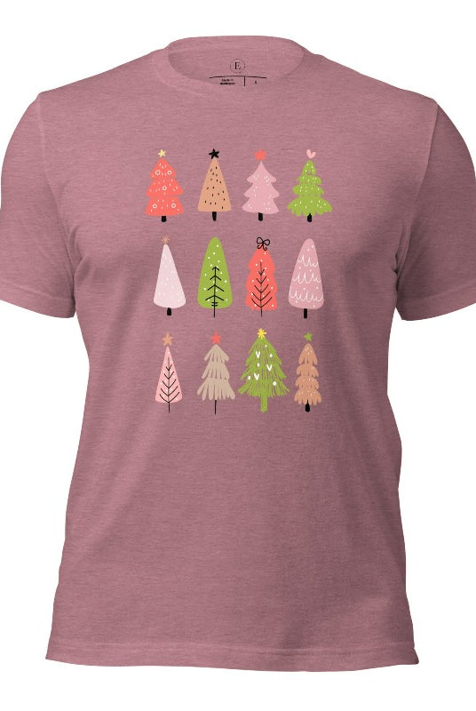 Upgrade your holiday fashion with our contemporary Christmas shirt. The shirt features three rows of multiple different modern Christmas trees in each row, creating a trendy and charming design on a heather orchid colored shirt. 