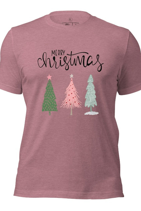 Elevate your festive wardrobe with our trendy shirt and make a chic statement this Christmas. The design features a stylish "Merry Christmas" message along with modern pink and teal Christmas trees on a heather orchid shirt. 