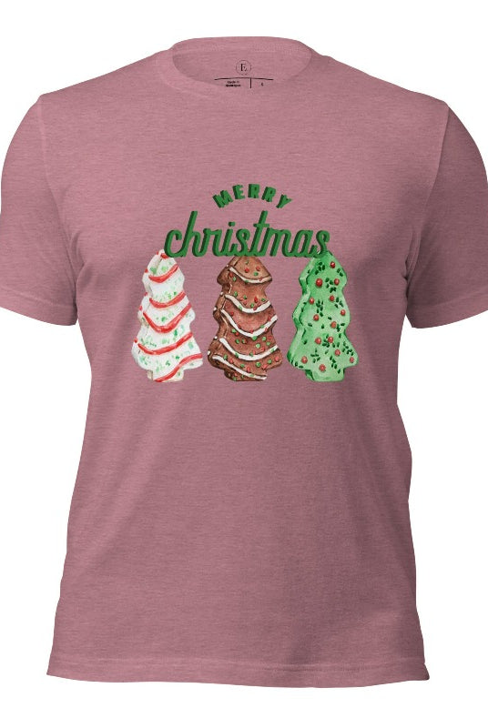 Relive the nostalgia of your childhood with our Christmas shirt that features the beloved classic Christmas tree cookies on a heather orchid  shirt.