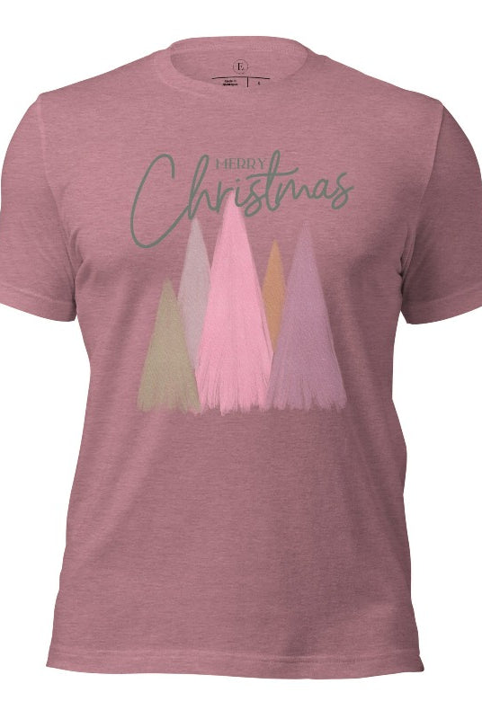 Merry Christmas modern minimalist pastel Christmas trees on printed on a heather orchid shirt.