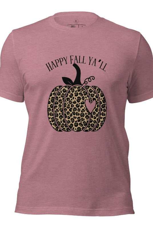 Get ready for fall with our adorable cheetah pumpkin shirt. Featuring a charming design of a cheetah pumpkin with a heart, it's the perfect blend of style and seasonal spirit. Spread the autumn cheer with the saying 'Happy Fall Ya'll' and embrace the coziness of the season on a heather orchid colored shirt. 