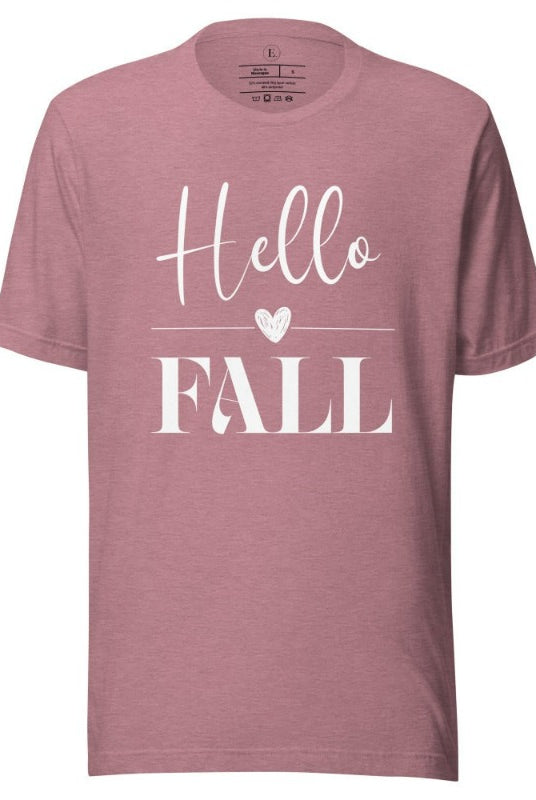 Hello Fall with heart between Hello and Fall graphic tee on a heather orchid colored shirt. 