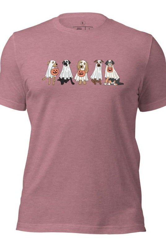 5 dogs dressed as ghost getting ready to trick or treat on a heather orchid colored t-shirt.