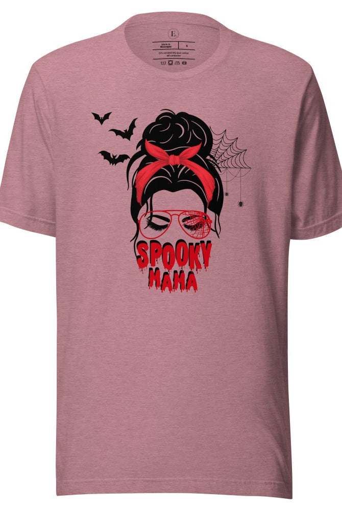 "Spooky Mama" messy bun Halloween T-shirt on heather orchid colored t-shirt.