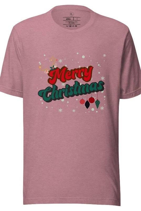 Get ready to take a trip down memory lane with our Merry Christmas retro letters shirt on a mauve colored shirt. 