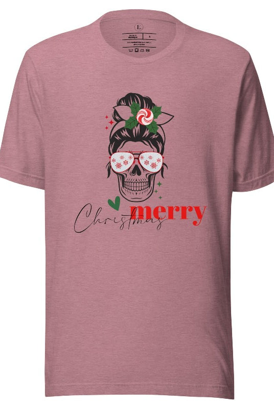 Get into the festive spirit with our Merry Christmas messy bun skull shirt design on a heather orchid colored shirt.
