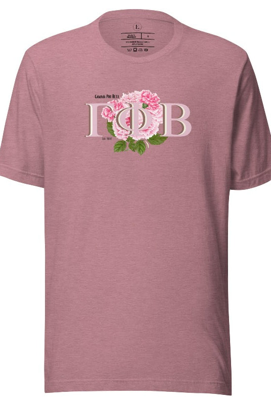 Are you looking for a way to show off your Gamma Phi Beta pride? Look no further than our sorority t-shirt design! Our shirts feature the sorority letters and a beautiful pink carnation, representing the values of sisterhood and beauty that Gamma Phi Beta stands for on a heather orchid shirt