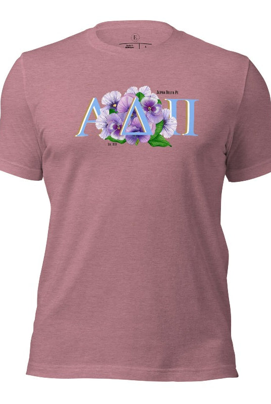 Show your Alpha Delta Pi pride with our stylish t-shirt featuring the sorority letters and the iconic violet, their symbolic flower on a heather orchid shirt. 