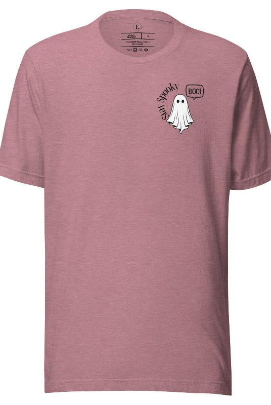 Get into the Halloween spirit with our spooktacular t-shirt. Featuring a friendly ghost holding a sign that says 'Boo' and the playful phrase "Stay Spooky"  on a heather orchid colored shirt. 