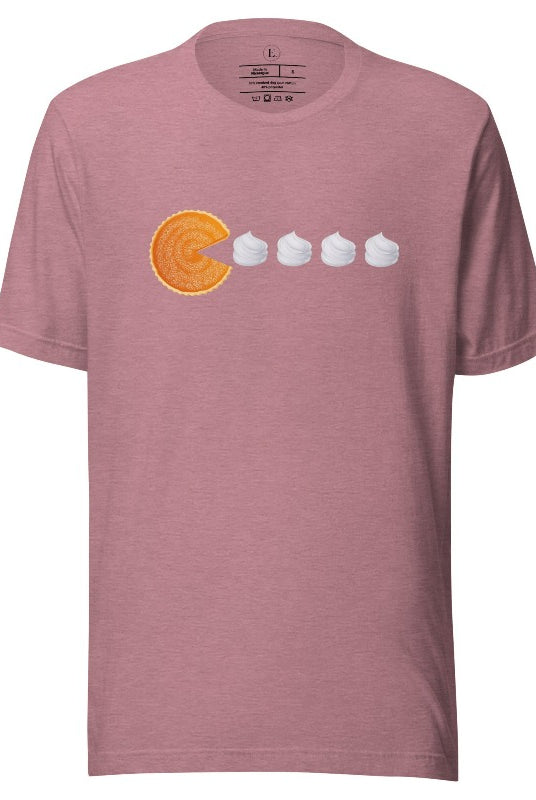Level up your style with our playful t-shirt featuring a pumpkin pie shaped like Pac-Man devouring whipped cream swirls on a heather orchid shirt. 