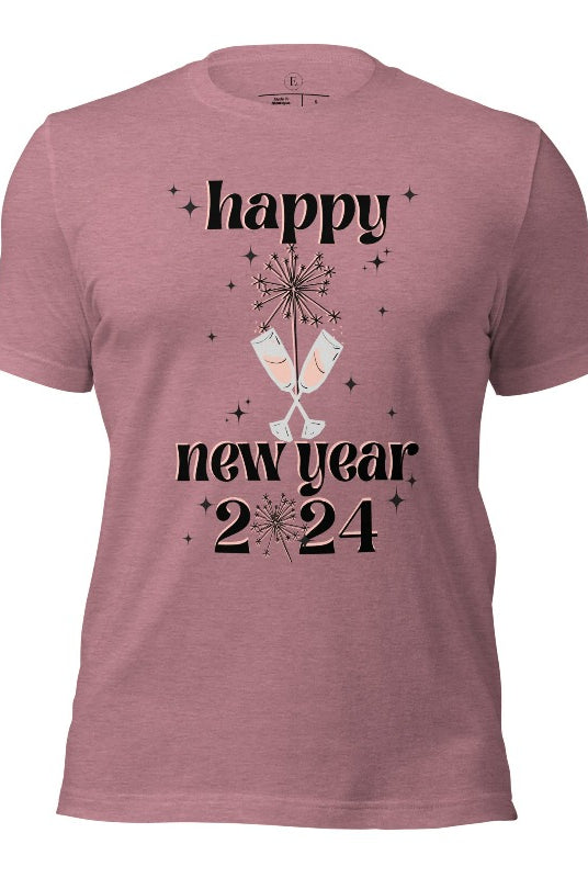 Welcome 2024 in sparkling style with our 'Happy New Year 2024' shirt. Adorned with two clinking champagne glasses amidst fireworks on a heather orchid colored shirt. 