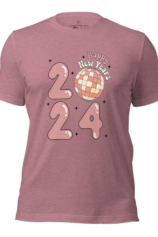 Step into the new year in dazzling style with our 'Happy New Year 2024' shirt. Featuring a shimmering disco ball as the '0' this eye catching design exudes festivity and fun on a heather orchid colored shirt. 