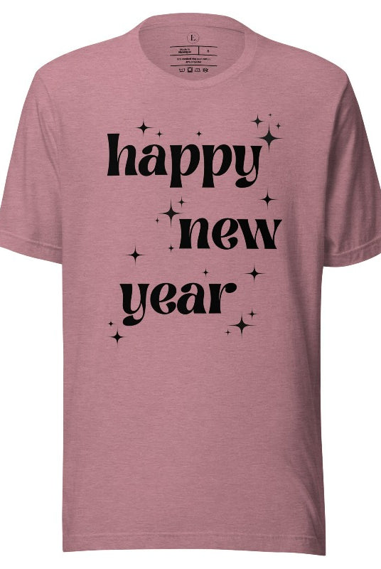 Ring in the New Year with our stunning Happy New Year shirt featuring captivating modern star designs on a heather orchid shirt. 
