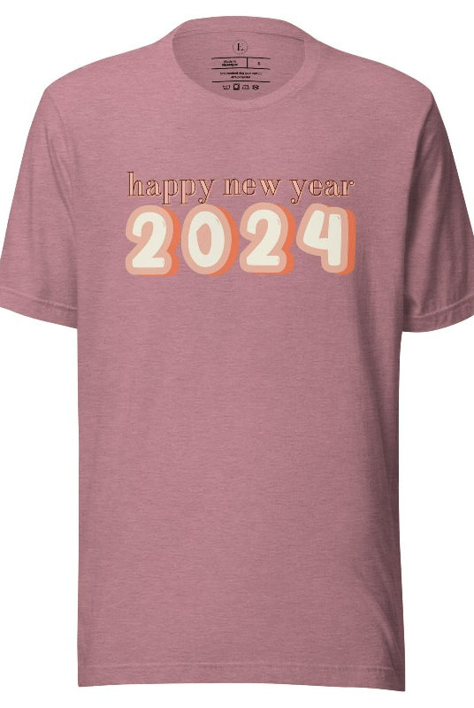 Welcome 2024 in style with our exclusive Happy New Year shirt design! Featuring vibrant graphics and festive typography, this high- quality on a heather orchid colored shirt. 