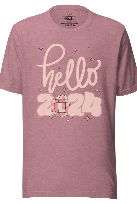 Say hello to 2024 in style with our exclusive 'Hello 2024' shirt. This sleek design captures the essence of new beginnings, on a heather orchid colored shirt. 