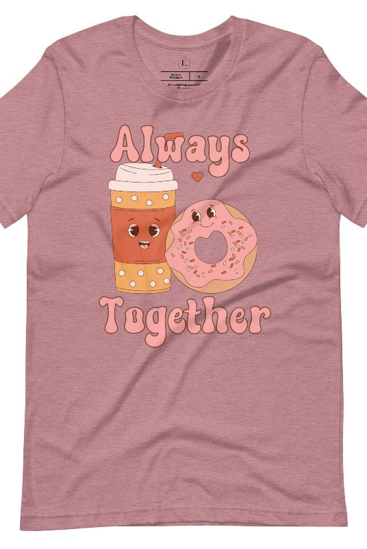 Celebrate love with our adorable Valentine's Day graphic tee! Featuring a smiling coffee cup and a cheerful donut holding hands, on a heather orchid shirt. 
