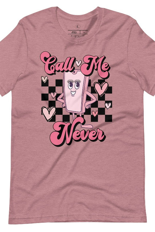 Step back in time with our retro Valentine's Day shirt. Featuring a quirky cell phone person, this tee adds a playful twist to the season of love on a heather orchid colored shirt. 