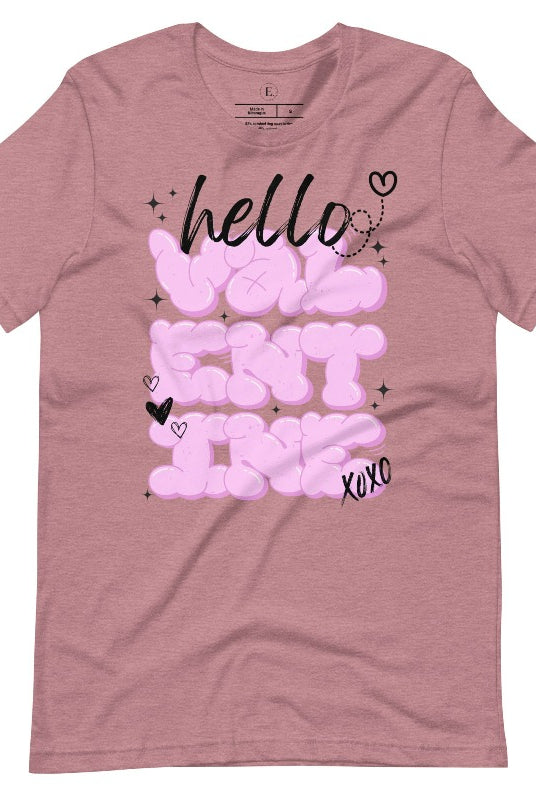 Make a bold statement this Valentine's Day with our street-style graffiti tee! Featuring "Hello Valentine" In eye-catching bubble lettering, on a heather orchid colored shirt. 