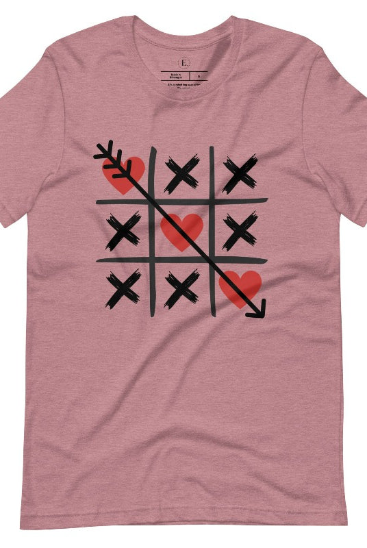 Add a playful twist to Valentine's Day with our Tic-Tac-Toe shirt featuring exes and three hearts. The winning move, an arrow through the three hearts, adds a cheeky touch to this fun and stylish heather orchid colored shirt. 