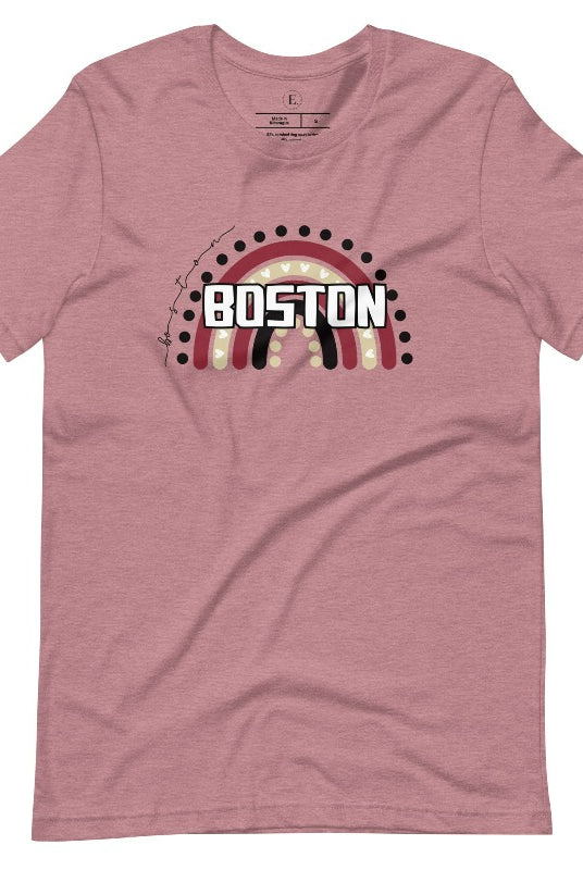 Show off your pride with this Boston College t-shirt. The iconic BC school colors stands out in this modern and trendy rainbow background, representing the school spirit. With the classic Boston wordmark across the rainbow on a mauve shirt. 