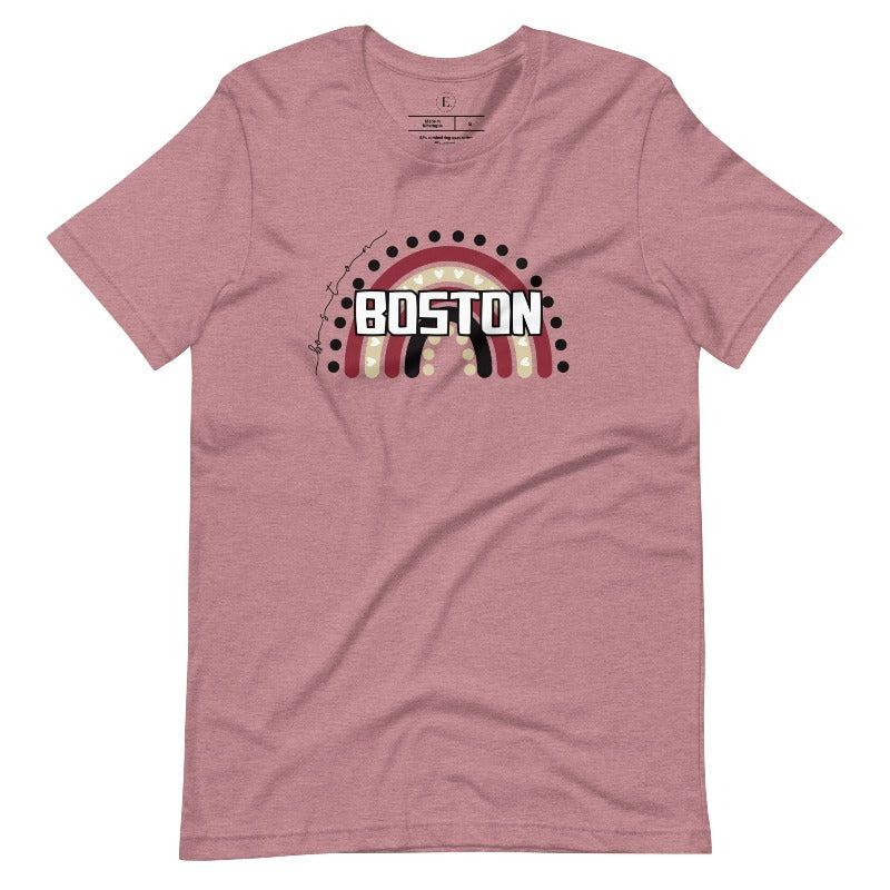 Show off your pride with this Boston College t-shirt. The iconic BC school colors stands out in this modern and trendy rainbow background, representing the school spirit. With the classic Boston wordmark across the rainbow on a mauve shirt. 