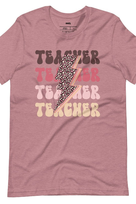 Mauve teacher graphic tee with pink cheetah lightning bolt and the word 'teacher' - perfect for teacher shirts and teacher gifts. Eye-catching graphic tee for educators.