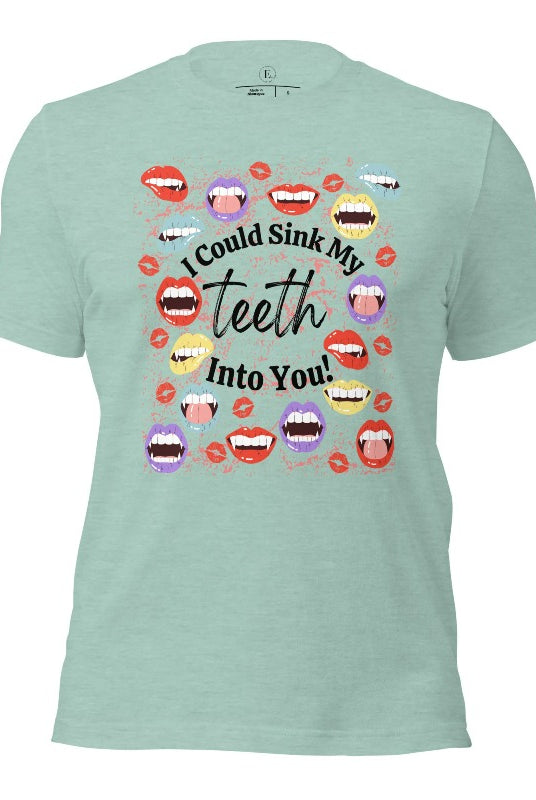 Sink your teeth into Halloween style with our vampire lips shirt. Adorned with a collection of seductive vampire lips, this shirt mesmerizes with its allure. The cheeky message, 'I could sink my teeth into you,' adds a playful twist on a heather prism dusty blue shirt. 