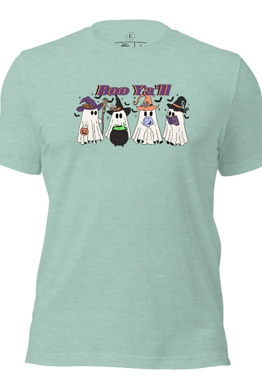 Embrace the spirit of Halloween with our spooktacular shirt. Join a mischievous gang of ghostly trick-or-treaters as they spread frightening fun. Featuring a playful 'Boo Ya'll' message, on a heather prism dusty blue shirt. 
