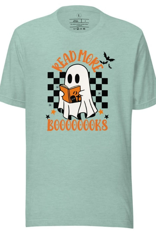 Read More Booooks is a ghost reading a book in front of a checkered background on a heather prism dusty blue colored shirt.