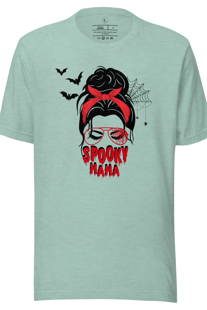 "Spooky Mama" messy bun Halloween T-shirt on heather prism dusty blue colored t-shirt.