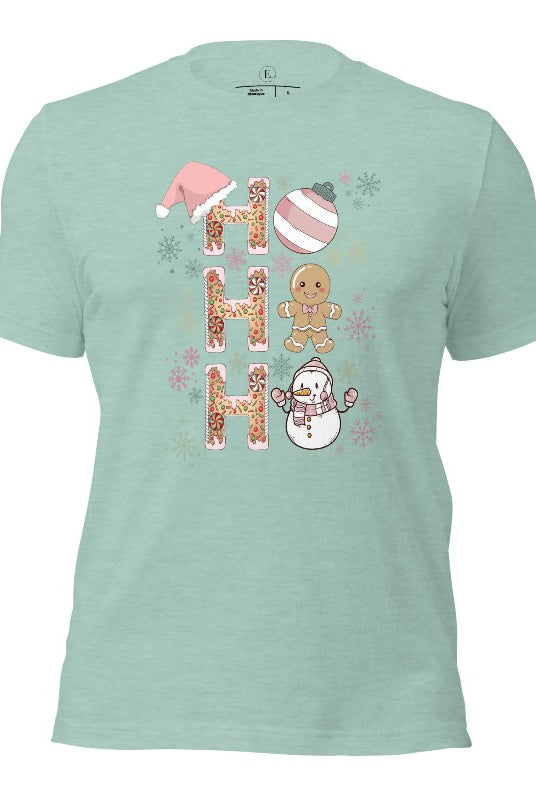 Add a whimsical touch to your holiday wardrobe with our gingerbread "Ho Ho Ho" Christmas shirt on a heather prism dusty blue colored shirt.
