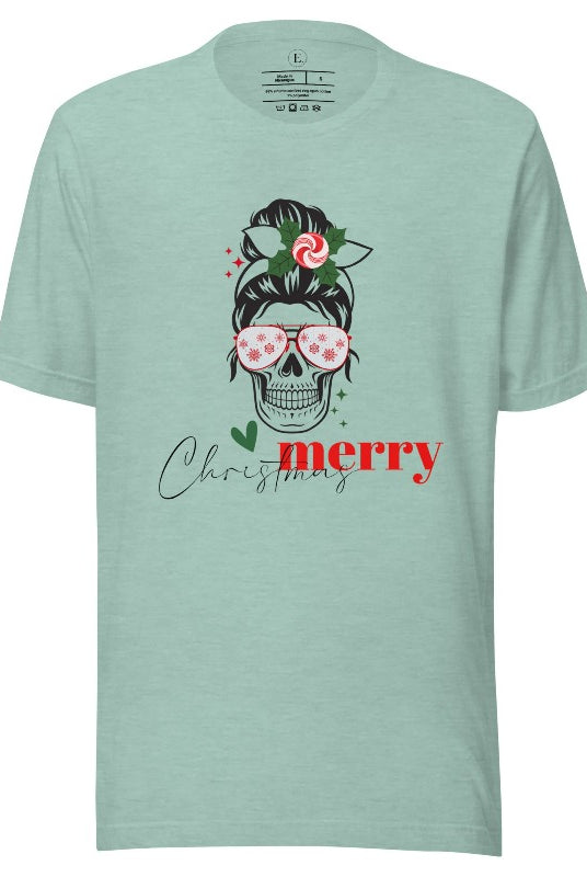 Get into the festive spirit with our Merry Christmas messy bun skull shirt design on a heather prism dusty blue colored shirt.