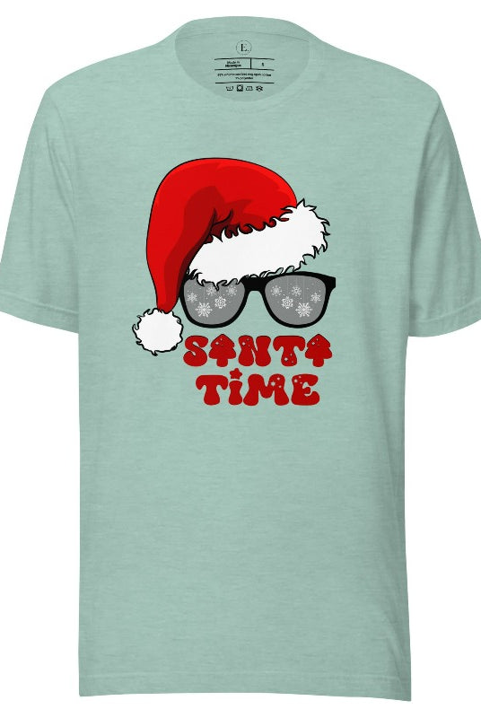 Gear up for the holiday season with our men's Christmas Shirt featuring a Santa hat, Christmas sunglasses on a heather prism dusty blue colored shirt. 