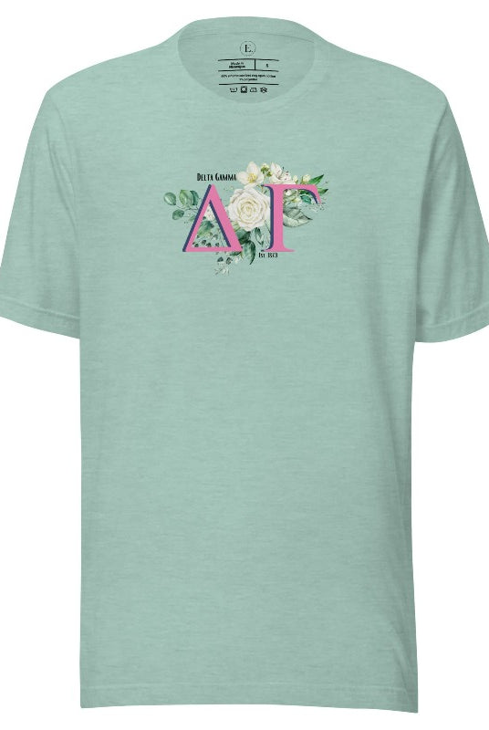 Display your Delta Gamma pride with our sorority t-shirt design! Featuring the sorority letters and the exquisite cream rose on a heather prism dusty blue shirt. 