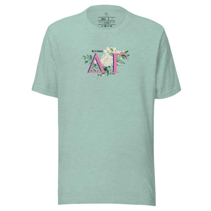 Display your Delta Gamma pride with our sorority t-shirt design! Featuring the sorority letters and the exquisite cream rose on a heather prism dusty blue shirt. 