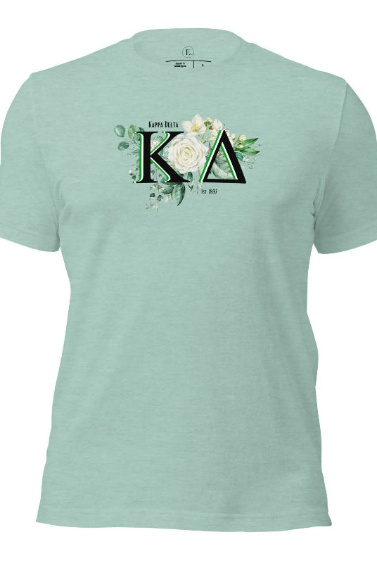 Elevate your Kappa Delta sisterhood with our stunning t-shirt, featuring the sorority letters and the elegant white rose on a heather prism dusty blue shirt. 