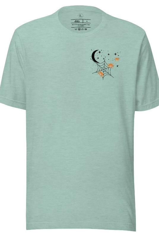 Embrace the enchanting night sky with our captivating t-shirt. Featuring a crescent moon, stars, and a spiderweb with three adorable spiders hanging down on the front pocket on a heather prism dusty blue shirt. 