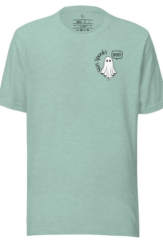 Get into the Halloween spirit with our spooktacular t-shirt. Featuring a friendly ghost holding a sign that says 'Boo' and the playful phrase "Stay Spooky"   on a heather prism dusty blue colored shirt. 