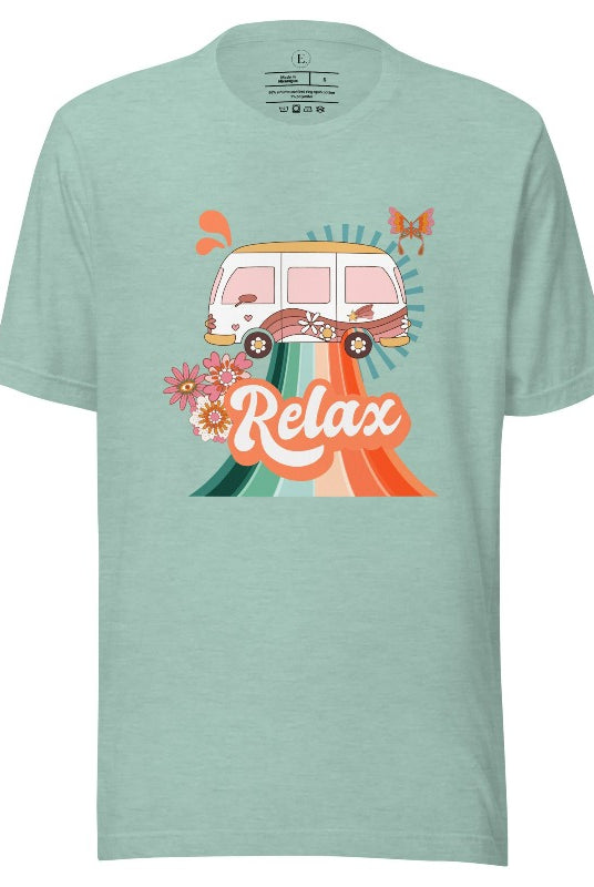 Add a touch of retro charm to your wardrobe with our pastel retro van shirt. Featuring a delightful vintage van design in soft pastel colors, this shirt exudes a whimsical and nostalgic vibe on a heather prism dusty blue shirt. 