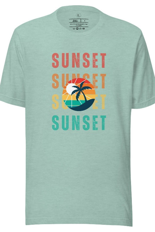 Capture the essence of tropical paradise with our Sunset t-shirt. Featuring four rows of the word 'sunset' surrounding a stunning palm tree on a heather prism dusty blue shirt. 