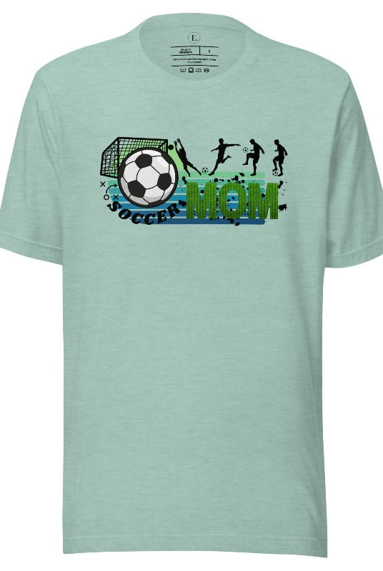 Support your soccer star on and off the field with our Soccer Mom t-shirt. Crafted with soft, breathable fabric, this shirt ensures comfort all day long. It's trendy design showcases your love for the game and your role as a proud soccer mom on a heather prism dusty blue shirt. 