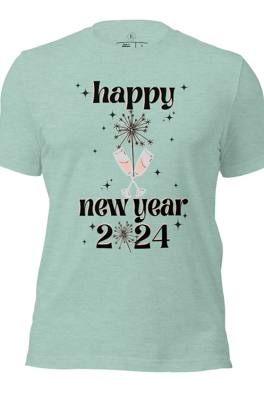Welcome 2024 in sparkling style with our 'Happy New Year 2024' shirt. Adorned with two clinking champagne glasses amidst fireworks on a heather prism dusty blue shirt. 