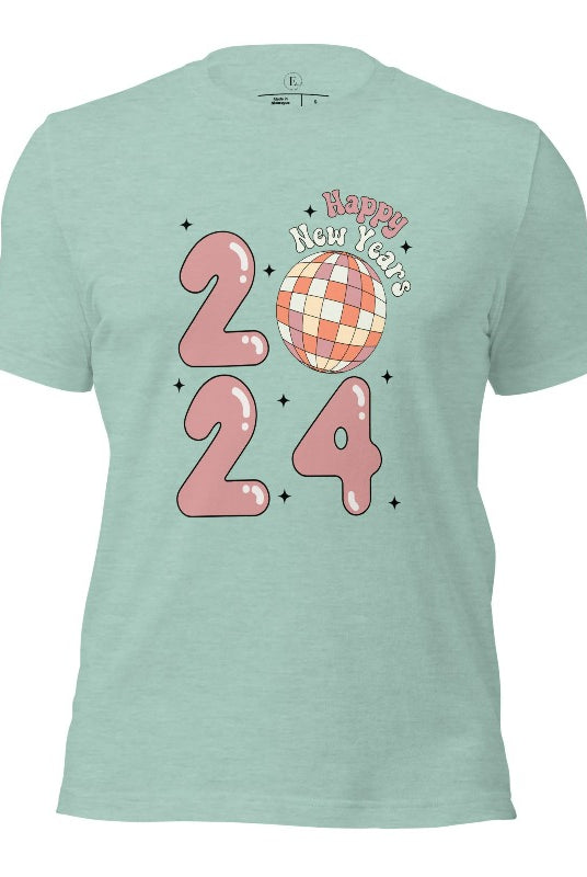 Step into the new year in dazzling style with our 'Happy New Year 2024' shirt. Featuring a shimmering disco ball as the '0' this eye catching design exudes festivity and fun on a heather prism dusty blue shirt. 