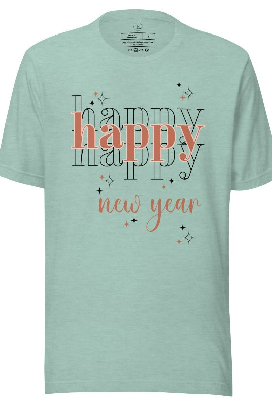 Celebrate in style with our 'Happy Happy Happy New Year' shirt. Embrace the joy of the season with this vibrant design, perfect for ringing in the new year. Crafted with comfort in mind and bursting with festive cheer, on a heather prism dusty blue shirt. 