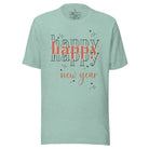 Celebrate in style with our 'Happy Happy Happy New Year' shirt. Embrace the joy of the season with this vibrant design, perfect for ringing in the new year. Crafted with comfort in mind and bursting with festive cheer, on a heather prism dusty blue shirt. 