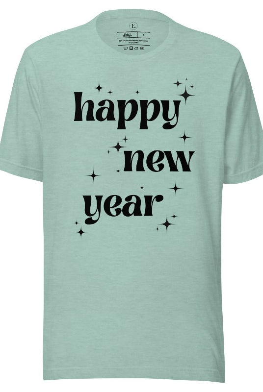 Ring in the New Year with our stunning Happy New Year shirt featuring captivating modern star designs on a heather prism dusty blue shirt. 