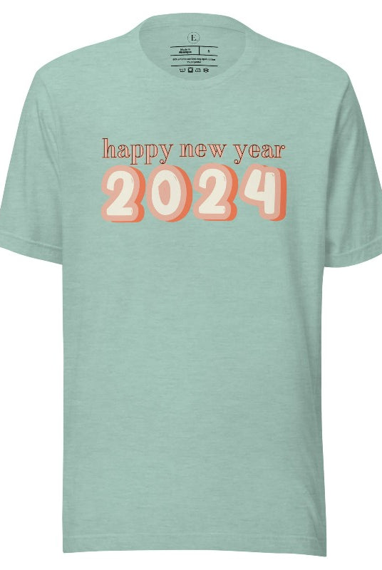 Welcome 2024 in style with our exclusive Happy New Year shirt design! Featuring vibrant graphics and festive typography, this high- quality on a heather prism dusty blue shirt. 