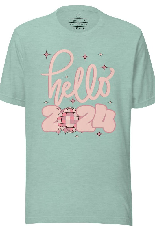 Say hello to 2024 in style with our exclusive 'Hello 2024' shirt. This sleek design captures the essence of new beginnings, on a heather prism dusty blue shirt. 
