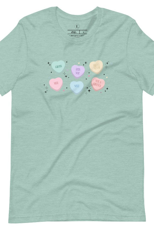 Embrace a humorous take on Valentine's Day with our shirt featuring candy hearts with unconventional messages like "Gross," "Not a Chance," "Next," "Truly Never," "Meh," "Not a Chance," and "Let's Not" on a heather prism dusty blue shirt. 