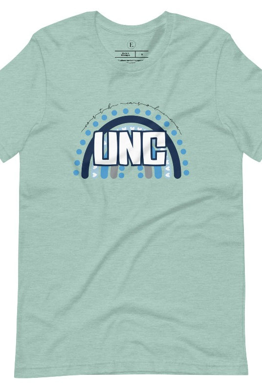 Check out this eye-catching t-shirt designed, featuring the iconic UNC letters set against a vibrant rainbow backdrop. Not only does it let you show off your school spirit, it also sends a trendy and powerful school spirit vibe on a heather prism dusty blue shirt. 